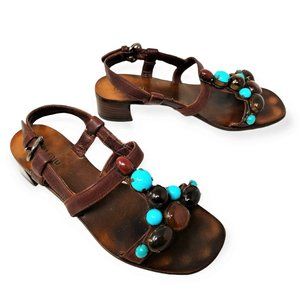 miu miu vero cuoio Designer Thong Sandal, Brown Wood, Leather & Stones, EU 36.5